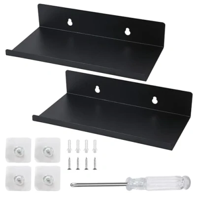Afbeelding van QITIXI:OU Lot de 2 étagères murales flottantes en métal noir Petite étagère murale flottante Sans perçage Pour salle bain, cuisine, bureau