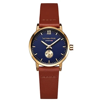 Afbeelding van VICTORIA HYDE Elegant retro kwartshorloge met kleine wijzerplaat voor dames, echt lederen band, moederdagcadeau, Bruin, Riem