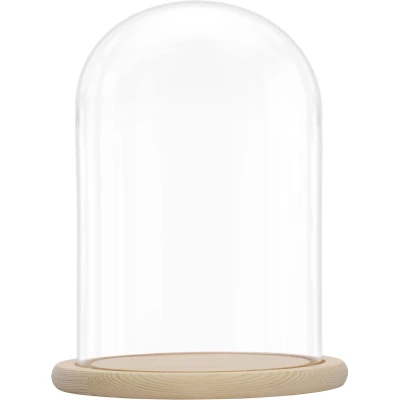 Afbeelding van Belle Vous glazen bel met sokkel van natuurlijk hout, 31,5 cm, transparante decoratieve houten dienblad voor verlichting, tafeldecoratie, antiek