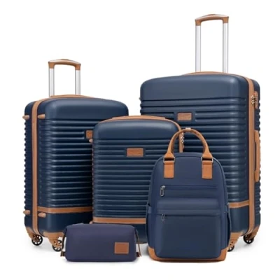 Afbeelding van COOLIFE Harde ABS trolleykoffer, 4 wielen, TSA slot, koffer bevat 1 reisrugzak en toilettas, Blauw/Bruin, Prachtig vormgegeven reisset