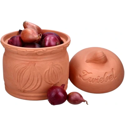 Afbeelding van MamboCat Terra Uienpot van terracotta, diameter 17,8 cm, met deksel, voor de keuken, mooie opbergdoos reliëf en opschrift, ideaal langere opslag
