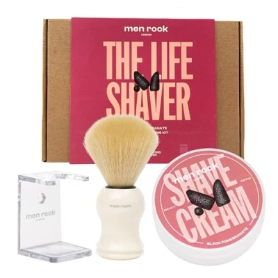 Afbeelding van Men Rock London Scheerset voor de man. Heerlijke Pomegranate geur. GIFTSET (scheerzeep scheerkwast + standaard)
