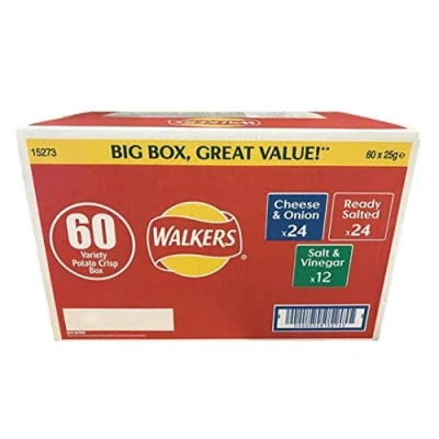 Afbeelding van Walkers Crisps 60 dozen gemengde smaken (zout, zout en azijn, kaas ui) selectiebox x 25 g