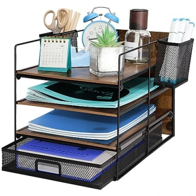 Afbeelding van Brievenbak met 4 niveaus, opbergvak van metalen gaas voor bureau, bureau penhouder, papierarchiefvak, organizer A4,