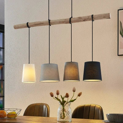 Afbeelding van Lindby hanglamp 4lichts ijzer, eucalyptushout, textiel H: 22 cm E27 hout licht, zwart, grijs, wit