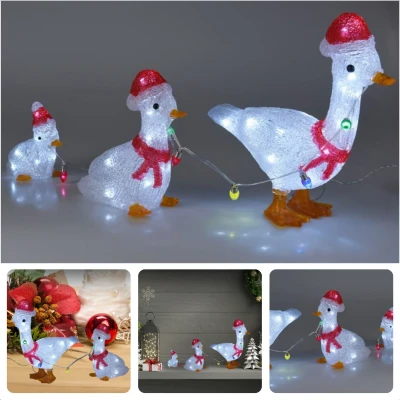 Afbeelding van Cheqo® Kerstfiguur Acryl Eenden Verlicht Eendjes LED Verlichting Buiten Decoratie Set van 3 Batterij Aangedreven