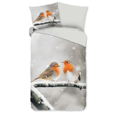 Afbeelding van Good Morning Dekbedovertrek &quot;roodborst vogels in de sneeuw&quot; Grijs (140x200/220 cm) Katoen Flanel