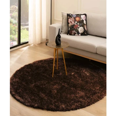 Afbeelding van Rond Hoogpolig Tapijt/Vloerkleed Velvet Posh Donkerbruin 80 Cm