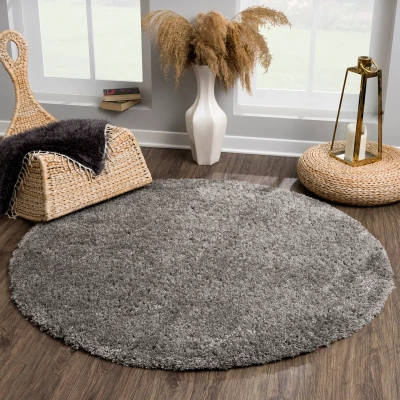 Afbeelding van Porto Soft Fluffy Vloerkleed Hoogpolig Effen Donker Grijs 150 cm rond