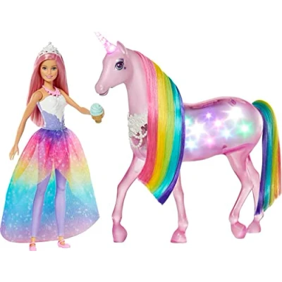 Afbeelding van Barbie Dreamtopia GWM78 roze eenhoorn met magische toverlichtjes en regenboog manen, prinsessenpop, geluiden lichten, gesloten verpakking, kinderspeelgoed
