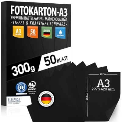 Afbeelding van 50 vellen zwart knutselkarton 300 g/m² hoogwaardig diepzwart papier DIN A3 onbedrukt drukpapier voor fotografie, presentaties, doe het zelf