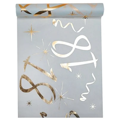 Afbeelding van Santex Tafelloper wit/goud 18 jaar 30 cm x 5 m decoratieve stoffen banner