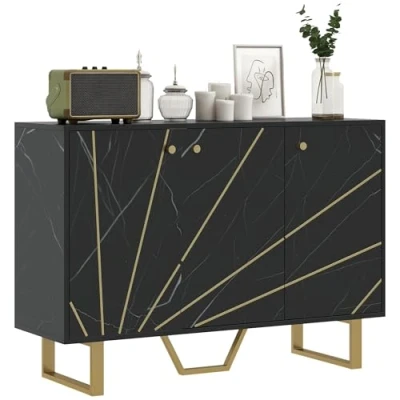 Afbeelding van HOMCOM Opbergkast, dressoir, woonkamer, met 2 kasten, 3 deuren en verstelbare plank, metalen poten, afmetingen: 107 x 35 75 cm, marmerlook zwart