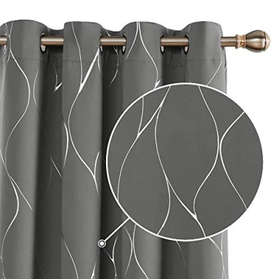 Afbeelding van Deconovo Set van 2 verduisteringsgordijnen voor meisjes, kleine ramen, isolerend, koudebescherming, modern design, ringen, zilverkleurig motief, lichtgrijs, 140 x 240 cm