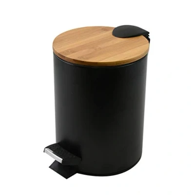 Afbeelding van Spirella vuilnisbak, roestvrijstaal, bamboe, zachte sluiting met binnencontainer, pedaalemmer badkamer van Adonis, valrem, wit, mat, 3 of 5 liter