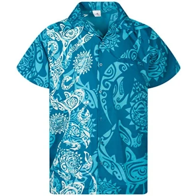 Afbeelding van King Kameha Funky Hawaiiaans overhemd heren korte mouwen voorvak Hawaii print maori Tattoo bruiloft, bruiloft turquoise