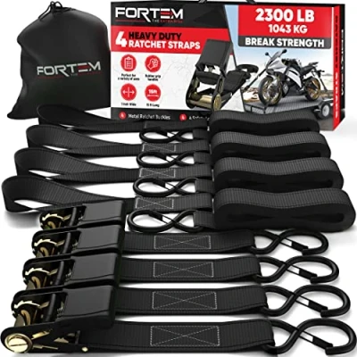 Afbeelding van FORTEM sjorbanden, 1043 kg draagvermogen, 4 x 4,5 m sleepbanden, flexibele gespen, motorfiets rubberen handvat, gecoate metalen haken, met draagtas, zwart