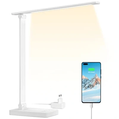 Afbeelding van Lepro led bureaulamp, 15 W, met aparte USB poort, dimbaar, 96 leds, 655 lm, krachtig, verstelbare voet, modern, aanraakbediening, anti verblinding, voor lezen, werk, manicure, naaien, wit