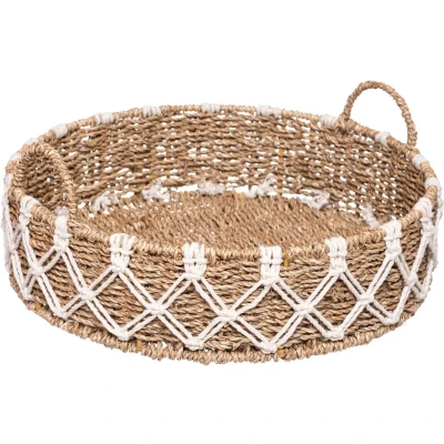Afbeelding van Atmosphera Dienblad/serveer plateau Dia 38 cm gevlochten en macrame Naturel look Metalen frame