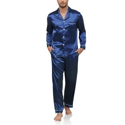 Afbeelding van Reliwel lange satijnen pyjama voor heren, tweedelig, mouwen, knoopsluiting, overalls en zijden pyjamabroek, nachtkleding nachtkleding, Navy Blauw