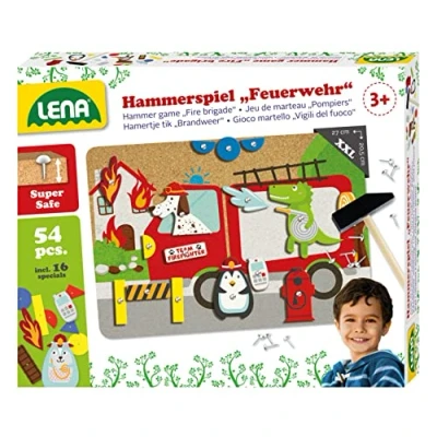 Image de LENA 65836 Jeu de marteaux avec 38 pièces colorées et 16 spéciales Plaque Base XXL en liège env. 28 x 19,5 cm Marteau Clous pour Enfants à partir 3 Ans