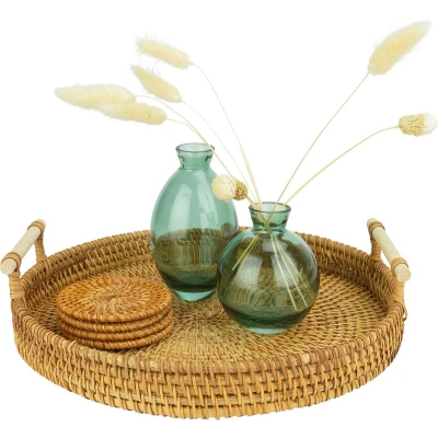 Afbeelding van QUVIO Dienblad met handvaten rond 28 cm Rotan