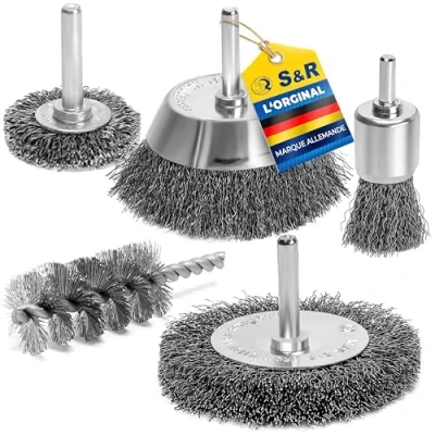 Afbeelding van S&amp;R 5 metalen borstels voor schroevendraaier, boormachine, hout van metaal. Gladde schacht 6 mm.