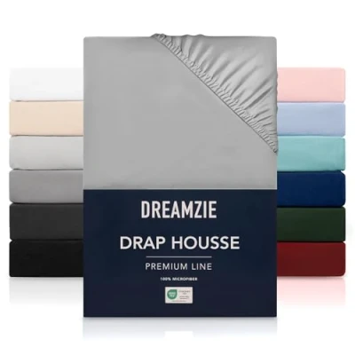 Image de Dreamzie Drap housse, bonnet haut jusqu&#039;à 33 cm, en 100 % microfibre, certifié sans substances nocives Oeko TX, avec élastique, gris, 180 x 200 cm