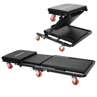 Afbeelding van Arebos 2 in 1 Werkplaatsrolplank 6 Wielen Met zit en ligfunctie Staal grijs bekleed Zwart