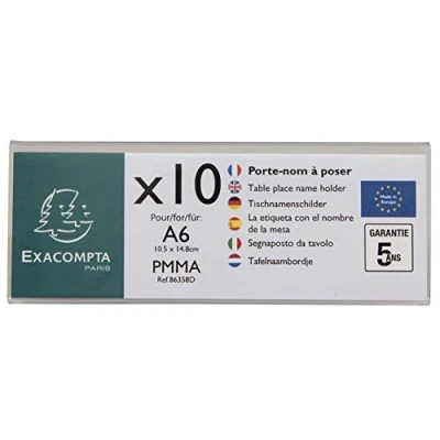 Afbeelding van Exacompta Ref. 86358D 1 set met 10 naambordjes (A6 gevouwen) horizontaal afmetingen 150 x 55 mm PMMA (acryl) tafel, weergave, ontvangst, kantoor, winkel, restaurants kleur kristal