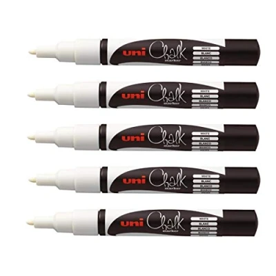 Afbeelding van Uni ball Mitsubishi Pencil krijtmarker PWE 3M veelzijdig regenbestendig ideaal spiegelglas leisteen bord conische punt 5 stuks wit