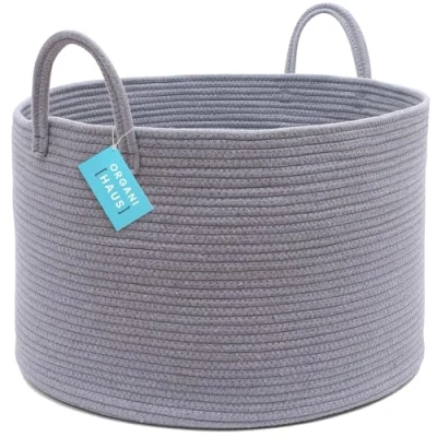 Afbeelding van OrganiHaus Opbergmand, Mand voor Speelgoed, Wasmand Gevlochten Katoen met Handvatten, Handdoekmand Badkamer, Opbergmand Woonkamer 50x33cm, Grijs