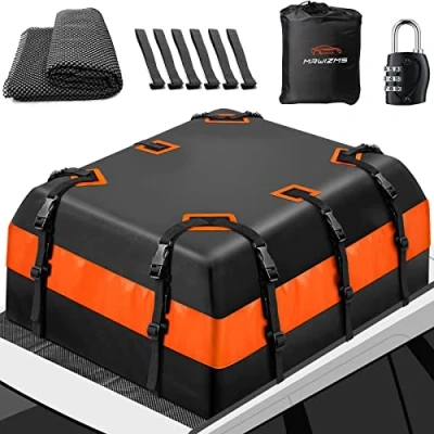 Afbeelding van dakkoffer, 15 kubieke meter, opvouwbare daktas, waterdicht, draagbaar, 840D waterdichte dakbagagedrager, bagagebox voor alle voertuigen, met/zonder bagagedrager (oranje/zwart)
