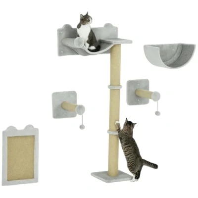 Afbeelding van PwaHut Kletterwand Katzen 5 teilig Set mit Kratzpfosten, Hängematte, Sprungplatt, Wandkratzbaum, Klettern Katzenkratzbaum Katzenmöbel für bis kg, Hellgrau