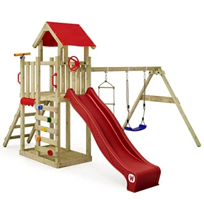 Afbeelding van WICKEY speeltoestel klimtoestel MultiFlyer Light met schommel en rood glijbaan, outdoor kinderspeeltoestel zandbak, ladder &amp; speelaccessoires voor de tuin
