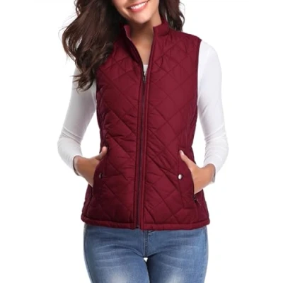 Afbeelding van Fuinloth Mouwloze damesjassen, lichtgewicht coltrui, donsjack met ritssluiting, wintervest, Wijn rood