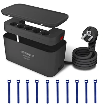 Afbeelding van Kabelbox met USB meervoudige stopcontact, overspanningsbeveiliging, stekkerdoos, 5 stopcontacten 3 oplaadaansluitingen, kabelorganizer, stekkeradapter (2500 W) 2 m kabel, 29,5 x 14 cm, zwart