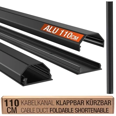 Afbeelding van RICOO Kabelafdekking voor tv en computer, kabelgeleiding Z0100 B van aluminium, wand of vloerbevestiging, kabelgoot, zwart, 110 cm