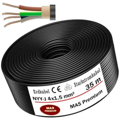 Afbeelding van MAS Premium® Aardingskabel voor elektrische stroomvoorziening standaard van het Duitse merk, ring installatie in de grond en buiten, Made Germany (NYY J 4 x 1,5 mm², 35 m)