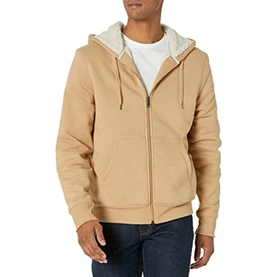 Image de Amazon Essentials Sweat Shirt à Capuche, Fermeture Éclair Intégrale, en Molleton, Doublure Sherpa Men&#039;s, Fauve Chiné, L
