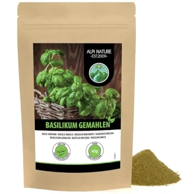 Afbeelding van gemalen basilicum (40 g), basilicumpoeder, 100% natuurlijk en zonder toevoegingen, zacht gedroogd basilicumpoeder