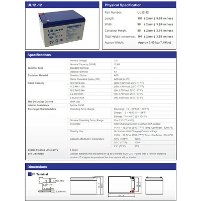 Afbeelding van Ultracell UL12 12 loodbatterij volt met Ah, 4,8 mm Faston stekkercontacten