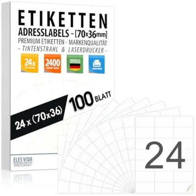 Afbeelding van Lot de 70 x 36 étiquettes d&#039;adresse autocollantes (24 par feuille DIN A4), imprimables avec imprimante à jet d&#039;encre et laser, fabriquées en Allemagne (100 feuilles, mm)