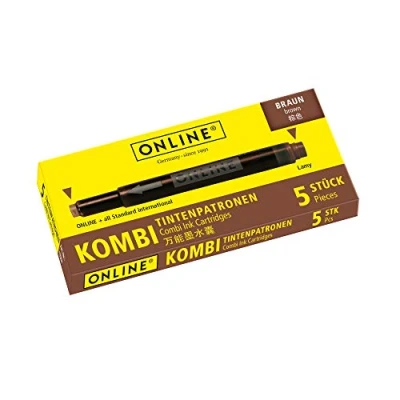 Afbeelding van ONLINE 17057/12 Kombi inktpatronen bruin, voor vulpen of roller, doos met 5 patronen, welke altijd compatibel zijn.