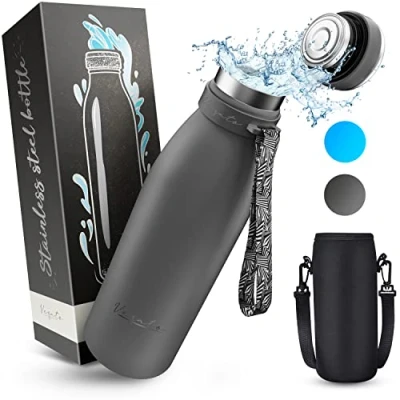 Afbeelding van Vezato Roestvrijstalen drinkfles, BPA vrij, 750 ml, lekvrije waterfles met dubbele isolatie, vaatwasmachinebestendig, geschikt voor koolzuurhoudende dranken, duurzaam