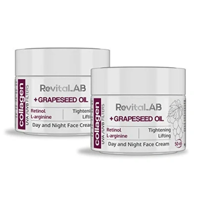 Afbeelding van RevitaLAB Hydraterende en anti aging collageen dag nachtcrème, verrijkt met hyaluronzuur, L arginine, retinol UVA/UVB stralingsfilter, voor personen van 50 tot 65 jaar, ml (set)