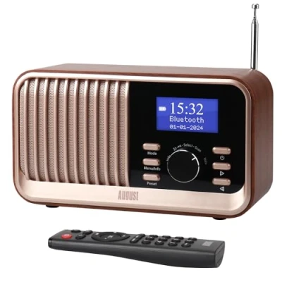 Afbeelding van DAB DAB+ FM radio, oplaadbaar, dubbele wekker, August MB450K, retro draagbare radio met 60 voorinstellingen, Bluetooth 5.3 luidspreker, USB/AUX/MicroSD kaart, 18 uur batterijduur en afstandsbediening,