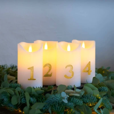 Afbeelding van LED kaars Sara Advent 4st hoogte 12,5cm wit/goud
