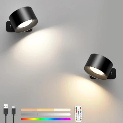 Afbeelding van Mexllex Set van 2 RGB led wandlampen zonder stroomaansluiting met 3 helderheidsniveaus en 16 kleuren, 360 graden draaibare wandlamp voor woonkamer, slaapkamer, hal,