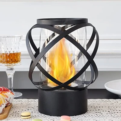 Afbeelding van JHY DESIGN Ronde tafelkachel met vierzijdige glazen open haard, draagbare tafelhaard 24 cm hoogte, rookvrije bio ethanol, schone brandende haard voor feestjes in de lucht
